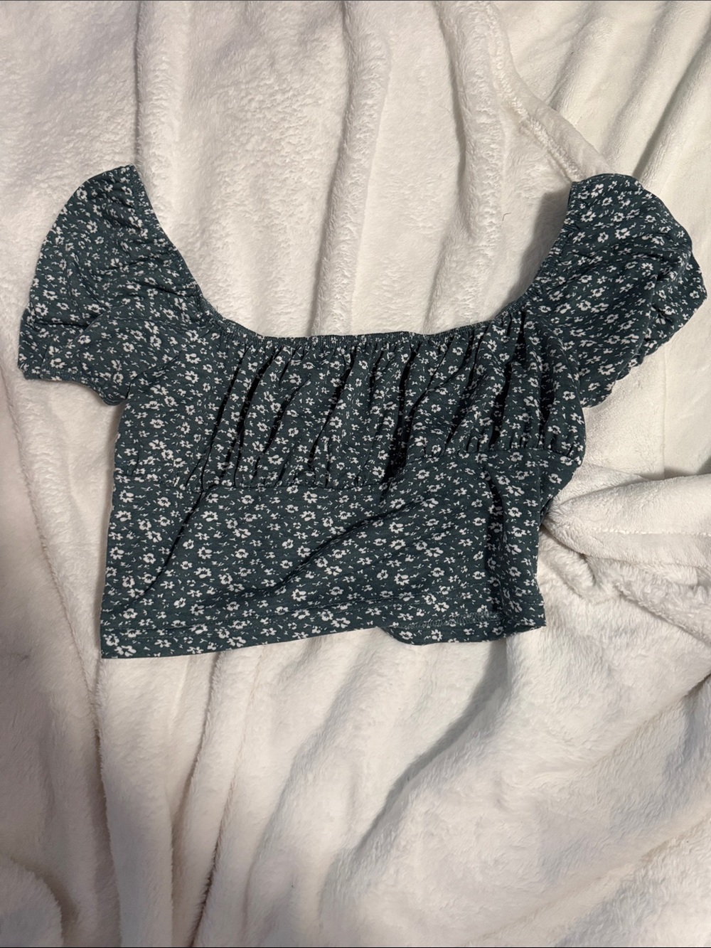 SHEIN Teal Floral Puff-Sleeve Off-Shoulder Crop Top